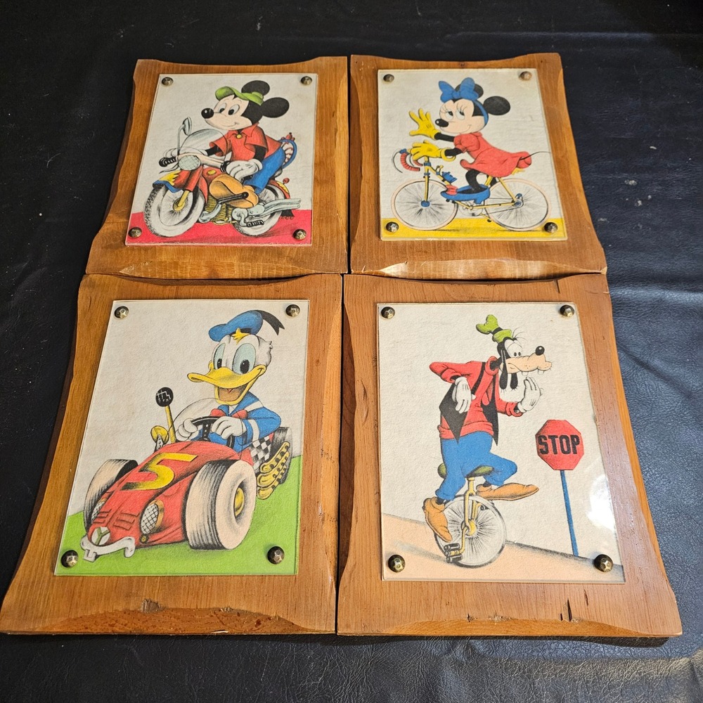 Vintage Set 4 Mickey Mouse Wooden Plaque Pictures Minnie Donald‎ Duck Goofy 8x10